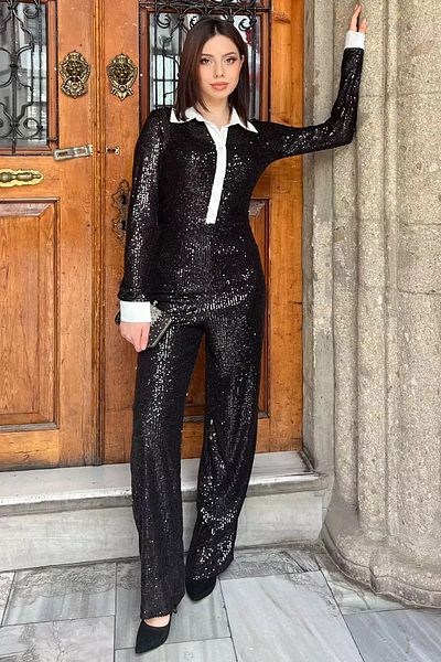 GÜLSELİ Black Women's Shirt Collar Sequin Evening Dress Jumpsuit