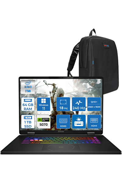 MSI Crosshaır 18 Ultra 9-275HX 64GB 1tb SSD 8GB/RTX5070 115W 18"2.5k 240Hz WI...