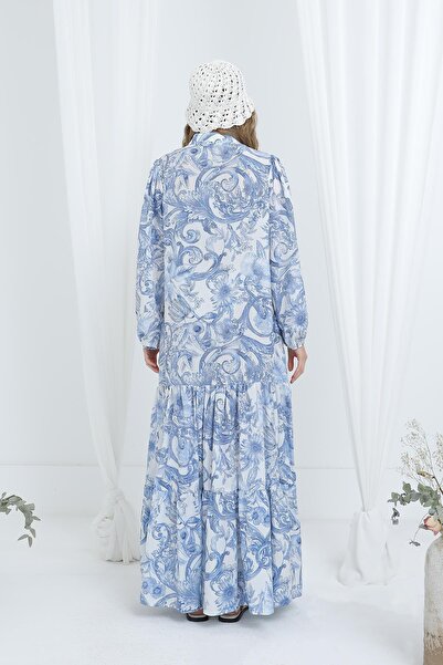 Puane Kadın Kuşaklı Baskı Detaylı Uzun Elbise -12636ELB - İndigo