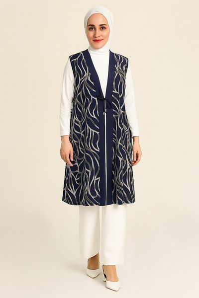 Ravencia Women's Glitter Line Patterned Blue Tunic Vest