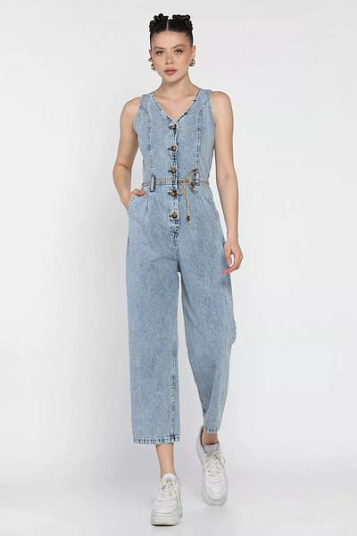 GÜLSELİ Ice Blue Front Buttoned Belted Jean Jeans Jumpsuit Salopet