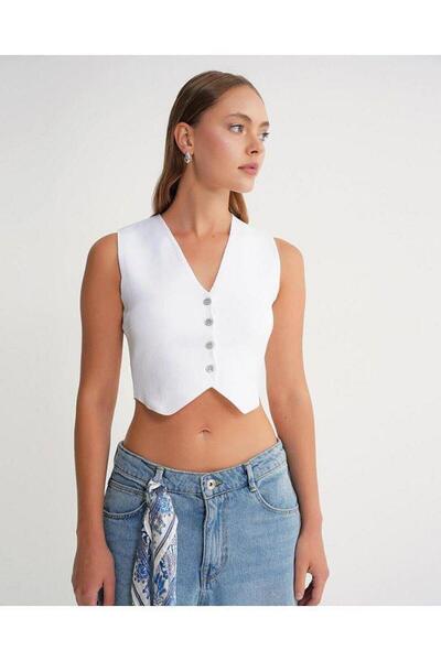 Mixray 6827 Women's V-Neck Buttoned Summer Knitwear Vest White
