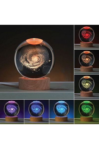 OEM Decorative Glass Sphere with Wooden Base and 3D Galaxy Light, 7 Colors & USB Cable