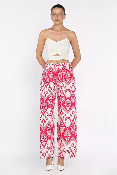 GÜLSELİ Stonefuchsia Women's Elastic Waist Ethnic Patterned Plus Size Viscose Walking Pants