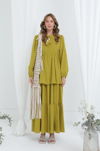 Puane Women's Lace-Up Layered Comfortable Dress -12633Elb - Olive
