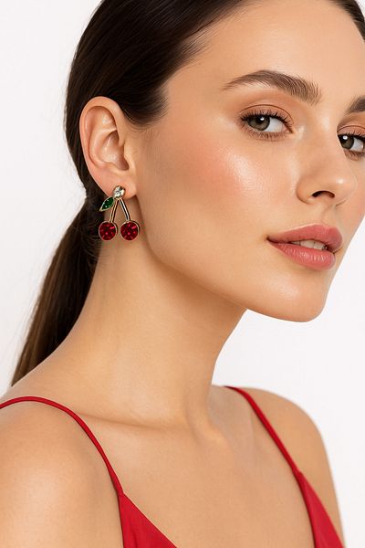 Luminos Butik Red Stone Cherry Earrings – Sweet and Energetic Summer Style Mk004-Gold