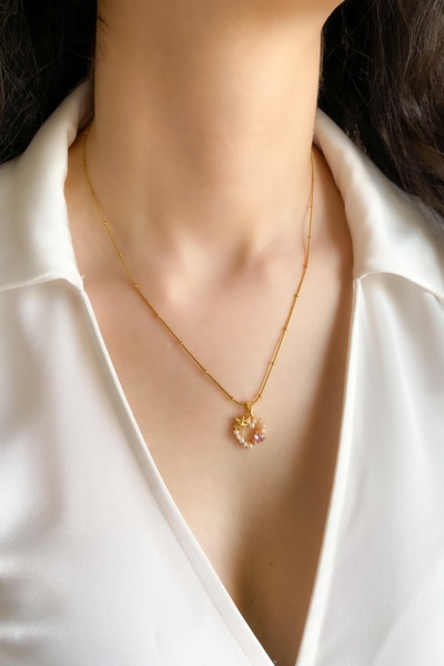 DEMOKAN Women's Steel Necklace Topcuk Chain Heart Pearl Embroidered Necklace