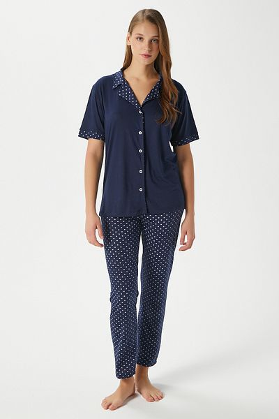 Ritnice Women's Jolie Viscose Polka Dot Front Button Short Sleeve Navy Blue Bottom Top Pajamas Set