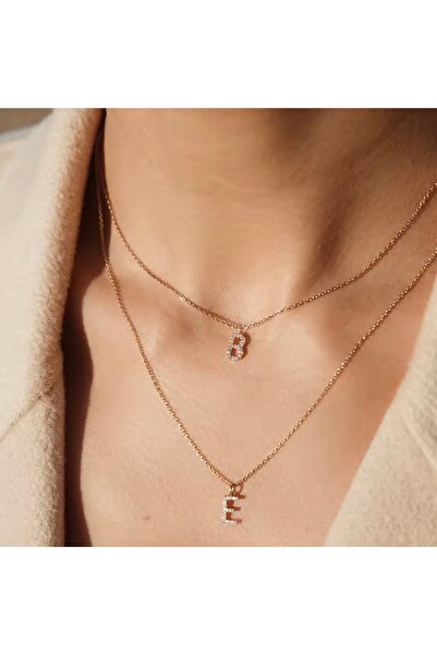 derokas 2 Li Zirkon Harfli Altın Kaplama Çelik Kolye Trend Yeni Sezon Zarif Şık