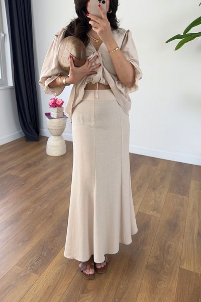 BİRCANÇİL Yeta Beige Tie Detail Blouse Skirt Linen Suit