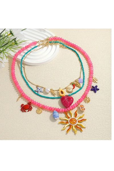 mos&more Brand Necklace, 3-Piece Sun, Starfish and Hearts Beaded Necklace