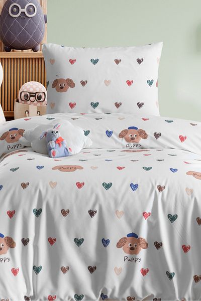 Eponj Home Single Cotton Duvet Cover Set 3 Pieces – Puppy Pattern – White / Soft Textured