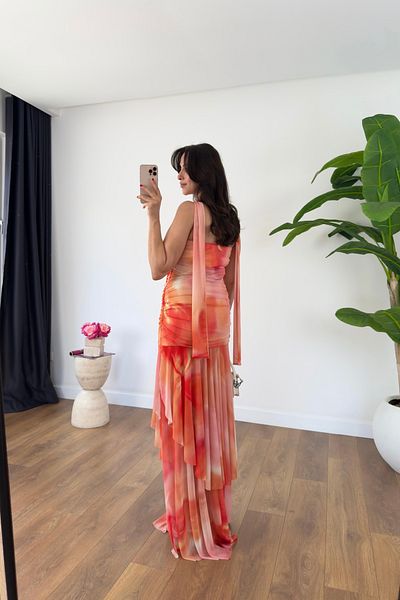 BİRCANÇİL Percy Orange Patterned Strapless Dress with Drape Detail and Belt