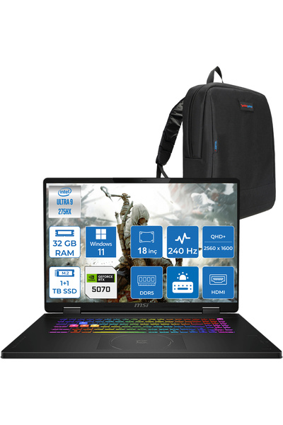 MSI Crosshaır 18 Ultra 9-275HX 32GB 1tb Ssd+1tb SSD 8GB/RTX5070 115W 18"2.5k 240Hz WIN11PRO W032XTRP12