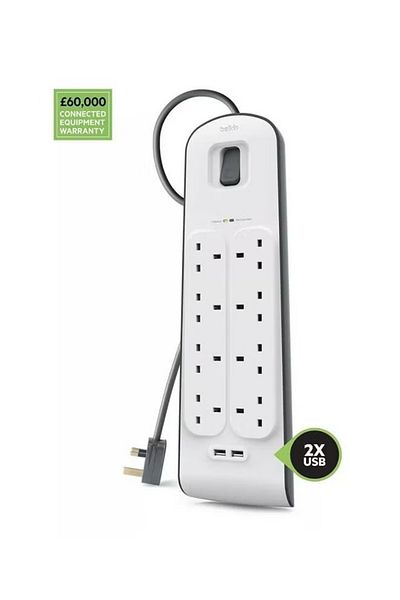 Belkin 8-Outlet Surge Protection Charging Strip White/Black 2meter