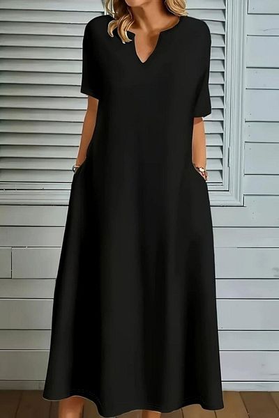 Mossta V-Neck Pocket Detailed Long Crepe Dress - Black