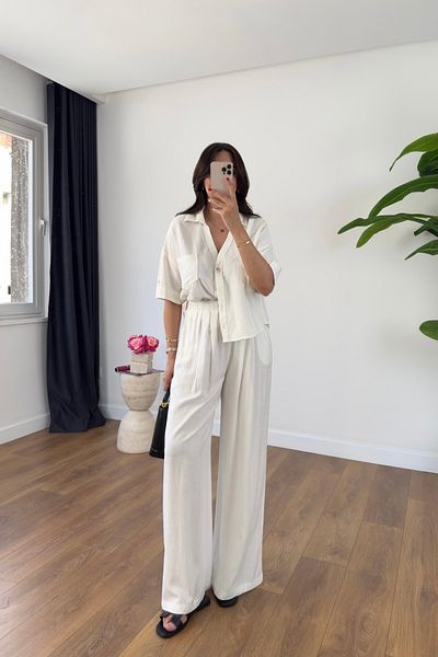 BİRCANÇİL Peria White Pocket Detailed Shirt Trousers Set