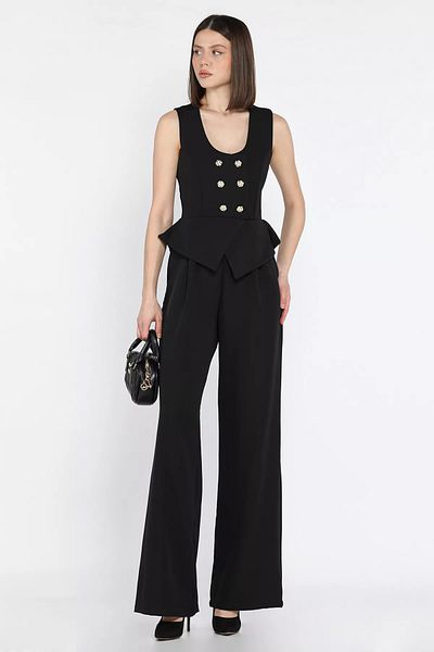 GÜLSELİ Black Women's Button Detailed Zero Sleeve Jumpsuit