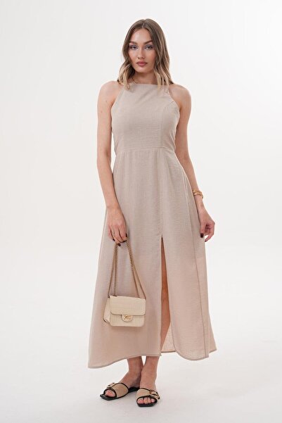 Flame İstanbul Butik Μάξι φόρεμα Y άνοιγμα σε χρώμα πέτρας με λεπτές τιράντες και λεπτομέρεια στο πίσω μέρος - MCK5059