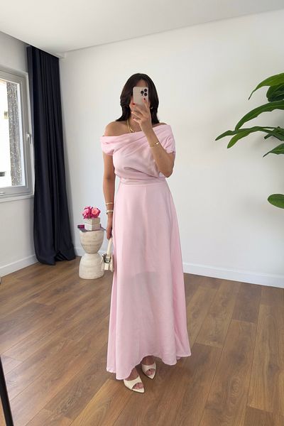 BİRCANÇİL Nissa Pink Boat Neck Lined Dress