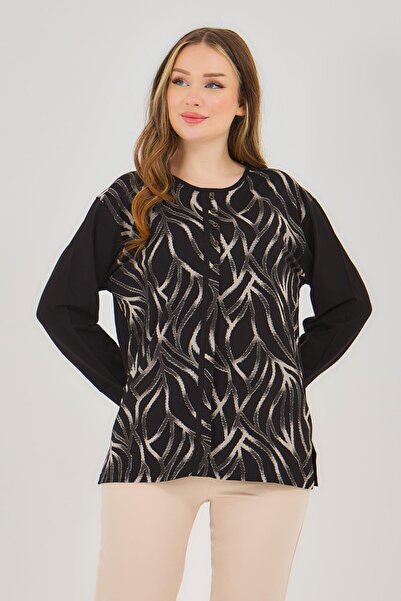 Ravencia Bluză neagră din bumbac pieptănat cu model de linie argintie pentru ...