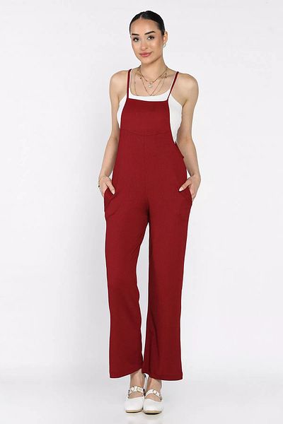 GÜLSELİ Burgundy Women's Adjustable Strap Wrap Jumpsuit
