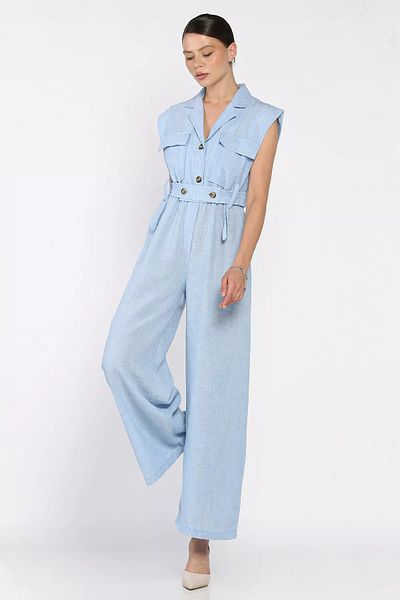 GÜLSELİ Blue Waist Elastic Belted Linen Jumpsuit