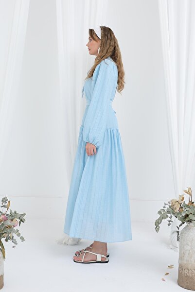 Puane Kadın Kuşaklı Balon Kol Uzun Elbise - 12628ELB - Mavi