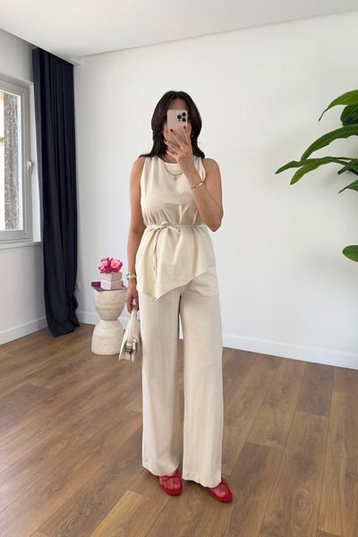 BİRCANÇİL Yilaha Stone Asymmetrical Drawstring Blouse Pants Set