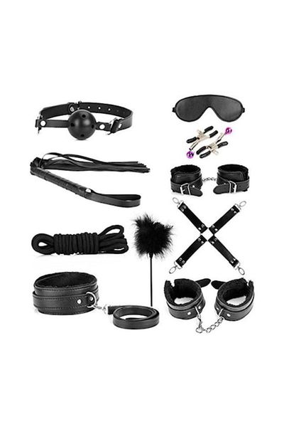 OEM Set 12 Jucării Erotice, BDSM, Bondage, Cătușe, Căluș cu Minge, Zgardă, Bici, Piele Ecologică, Negru
