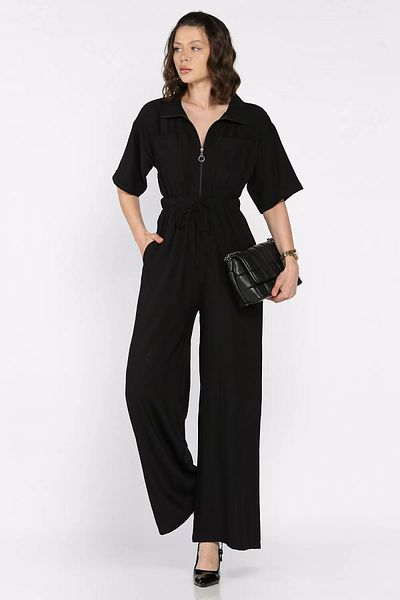 GÜLSELİ Black Half Zipper Waist Elastic Short Sleeve Jumpsuit