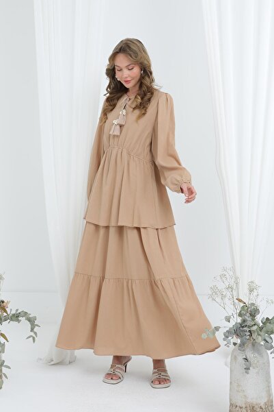 Puane Kadın Bağcıklı Kat Kat Rahat Elbise -12633ELB - CAMEL