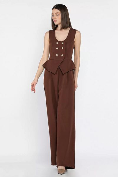 GÜLSELİ Brown Women's Button Detailed Zero Sleeve Jumpsuit