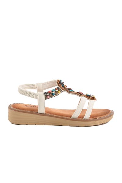 Voyager White Genuine Leather Stone Embroidered Women's Sandals 9634 Z