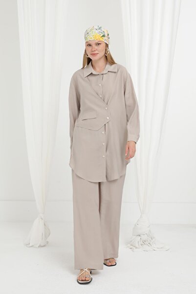Puane Women's Asymmetrical Layer Detailed Shirt Trousers Suit-14351Tks - Beige