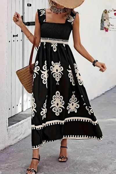 Mossta Square Neck Gipe Detailed Long Single Jersey Dress - Black