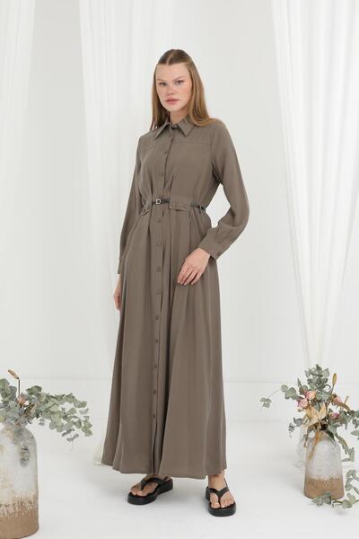 Puane Дамска рокля с колан и копчета - 12622ELB - MINK