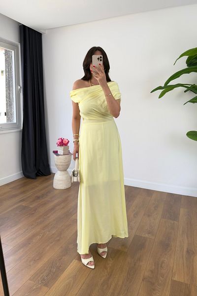 BİRCANÇİL Nissa Yellow Boat Neck Lined Dress