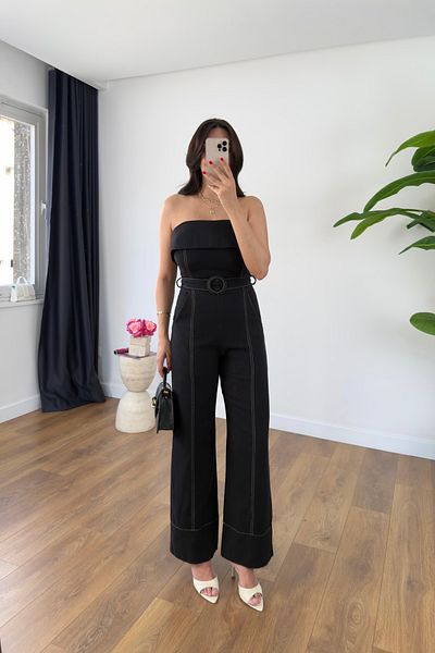 BİRCANÇİL Olis Black Belted Jumpsuit with Stitching Detail
