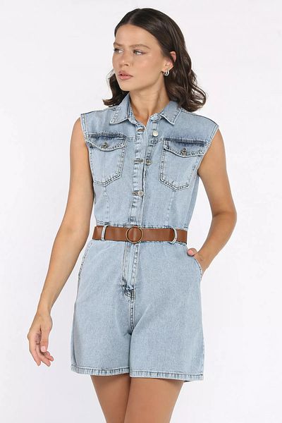 GÜLSELİ Salopetă din denim cu mâneci zero pentru femei Ice Blue