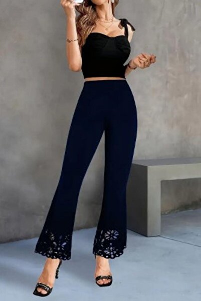 Mossta Yüksel Waist Laser Cut Leg Detail Imported Crepe Trousers - Navy Blue