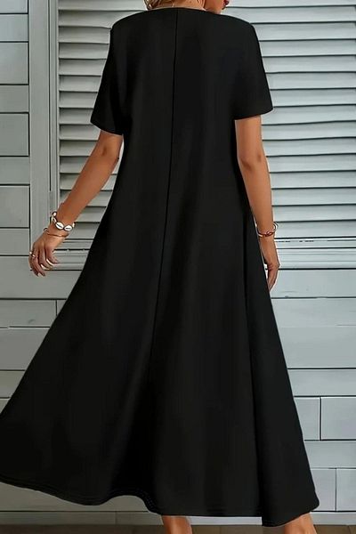Mossta V-Neck Pocket Detailed Long Crepe Dress - Black