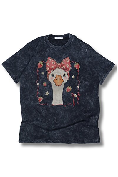 Fuddy Moda Tricou oversize lavabil cu imprimeu de rață de căpșuni, tricou ret...