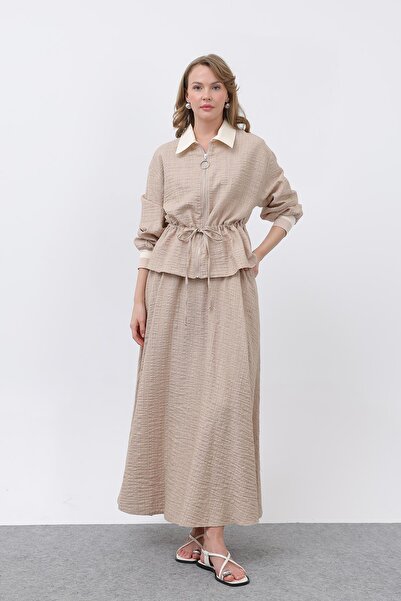 Puane Women's Elastic Waist and Ribbed Skirt Suit - 14330Tks - Camel-Beige