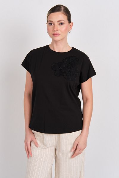 WIENELLA Women's Tulle and Bead Decoration Side Slit Blouse 5024 Black