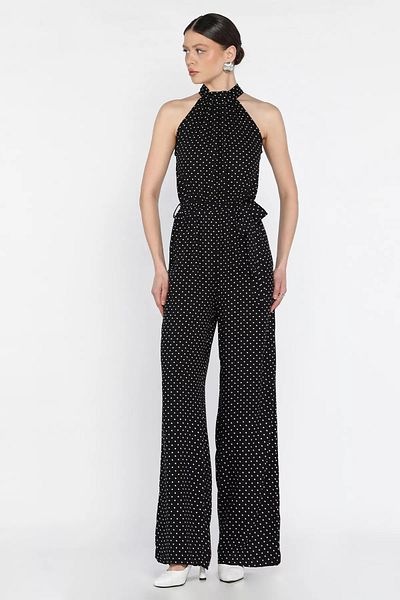 GÜLSELİ Black Women's Waist Elastic Belt Detailed Polka Dot Jumpsuit