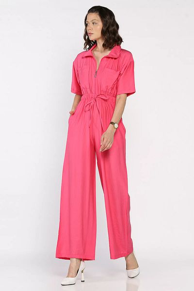 GÜLSELİ Fuchsia Half Zipper Waist Elastic Short Sleeve Jumpsuit