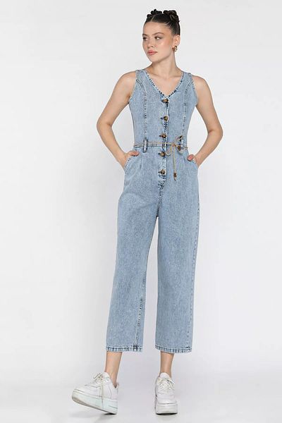 GÜLSELİ Ice Blue Front Buttoned Belted Jean Jeans Jumpsuit Salopet