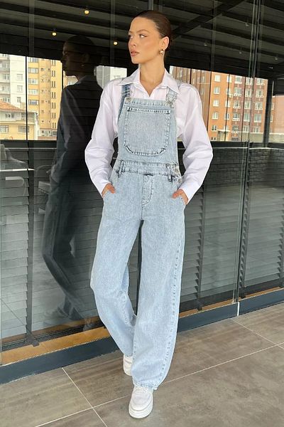 GÜLSELİ Salopetă de damă din denim albastru gheață cu buzunar