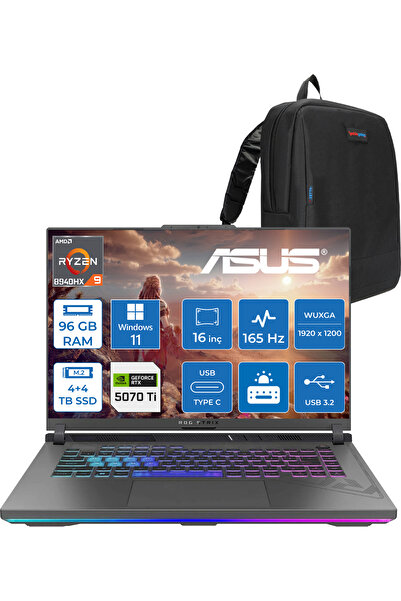 ASUS Rog Strix G16 R9-8940HX 96 GB 4tb SSD+4tb SSD 12 GB/RTX5070Tİ 140W 16" 3...